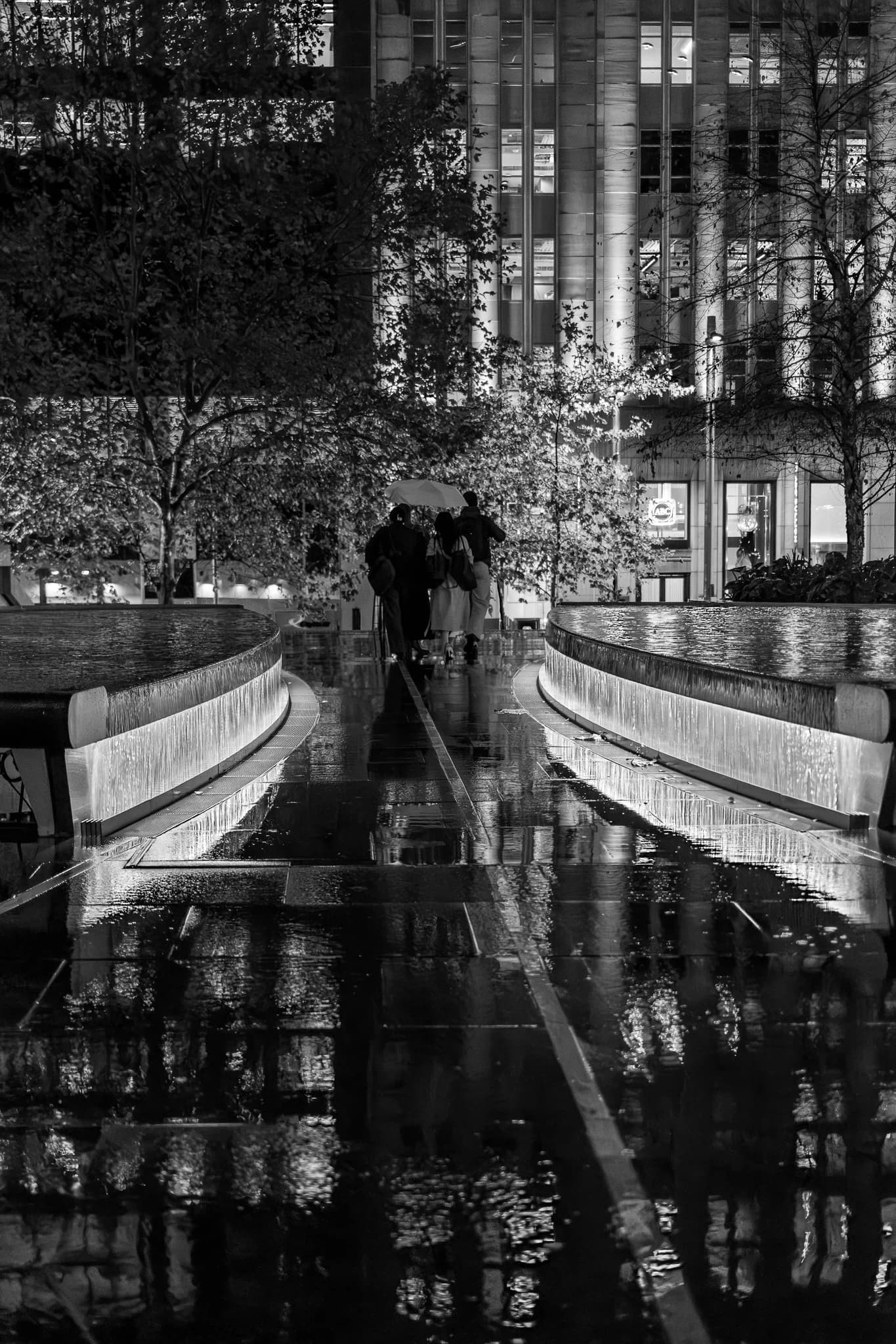Evening walk through city reflections