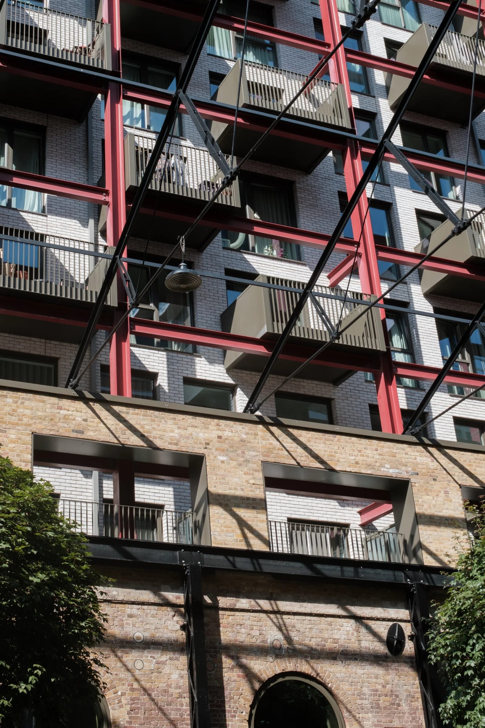 Modern Building with Red Steel Beams