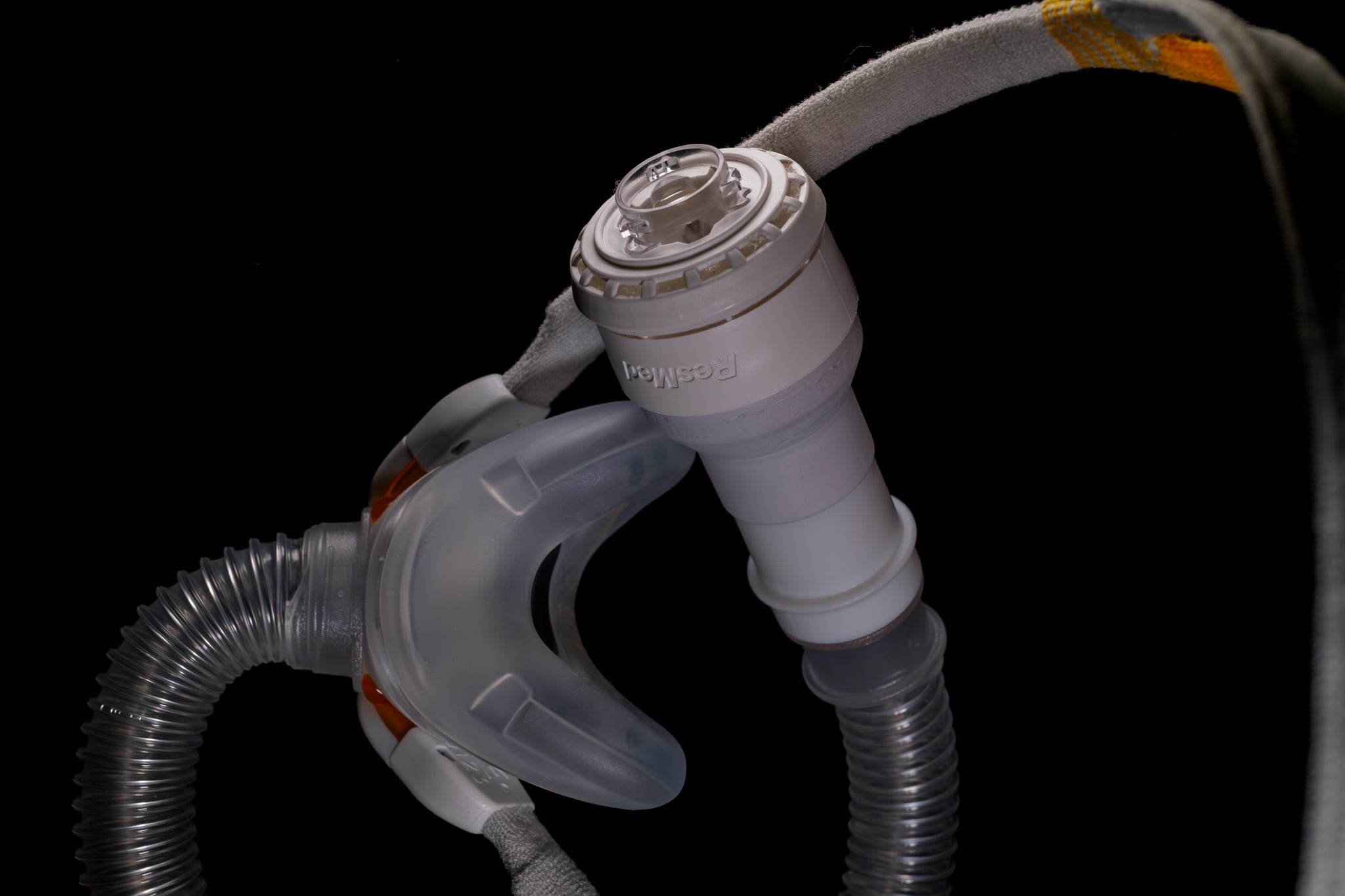 Complete setup showing the mask, adapter, and hose connections